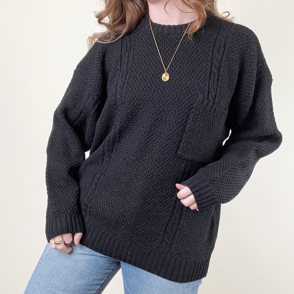 Vintage Sweaters - Vintage Cable Knit Oversized Wool Cotton Sweater Chunky Cozy Aran Preppy Pocket
